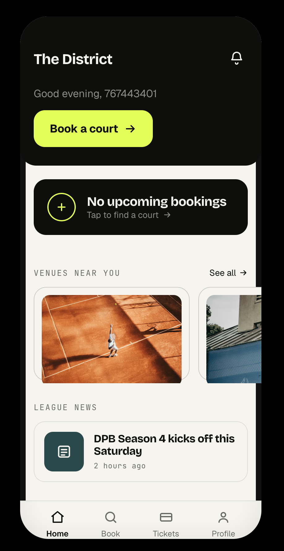 The District app home screen with a Book a court button, venues near you and league news